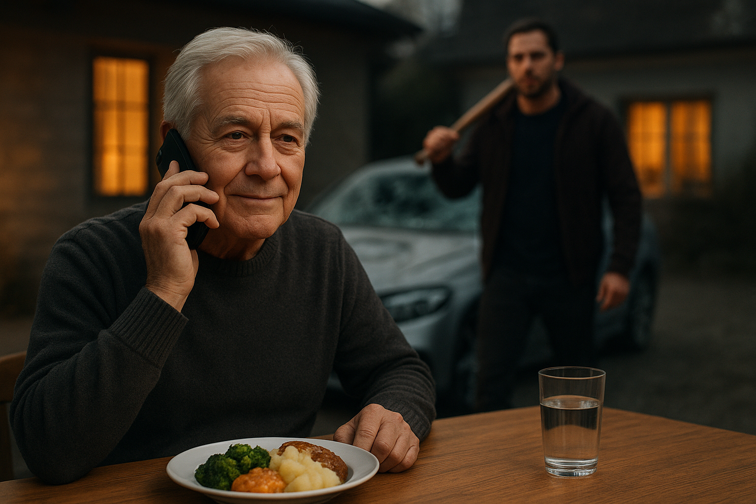 A close-up of the 70-year-old man sitting at the wooden table, holding a black smartphone to his ear. His expression is calm and focused, with a slight smile. On the table, a plate of food and a glass of water are visible. In the background, blurred, the younger man stands with a bat near the smashed Mercedes. The lighting is warm from the house windows, contrasting with the cold daylight. The mood is tense but controlled.