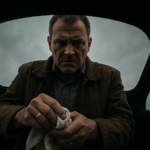 A dramatic shot from inside a car trunk, looking up at a 50-year-old man in a brown jacket and striped shirt. He has a gold ring and a gold tooth, and his face is cold and displeased. He is wiping his hands with a cloth. The trunk lid is open, and the background shows a grey sky. The lighting is harsh, emphasizing his features. The mood is threatening and ominous.