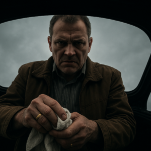 A dramatic shot from inside a car trunk, looking up at a 50-year-old man in a brown jacket and striped shirt. He has a gold ring and a gold tooth, and his face is cold and displeased. He is wiping his hands with a cloth. The trunk lid is open, and the background shows a grey sky. The lighting is harsh, emphasizing his features. The mood is threatening and ominous.