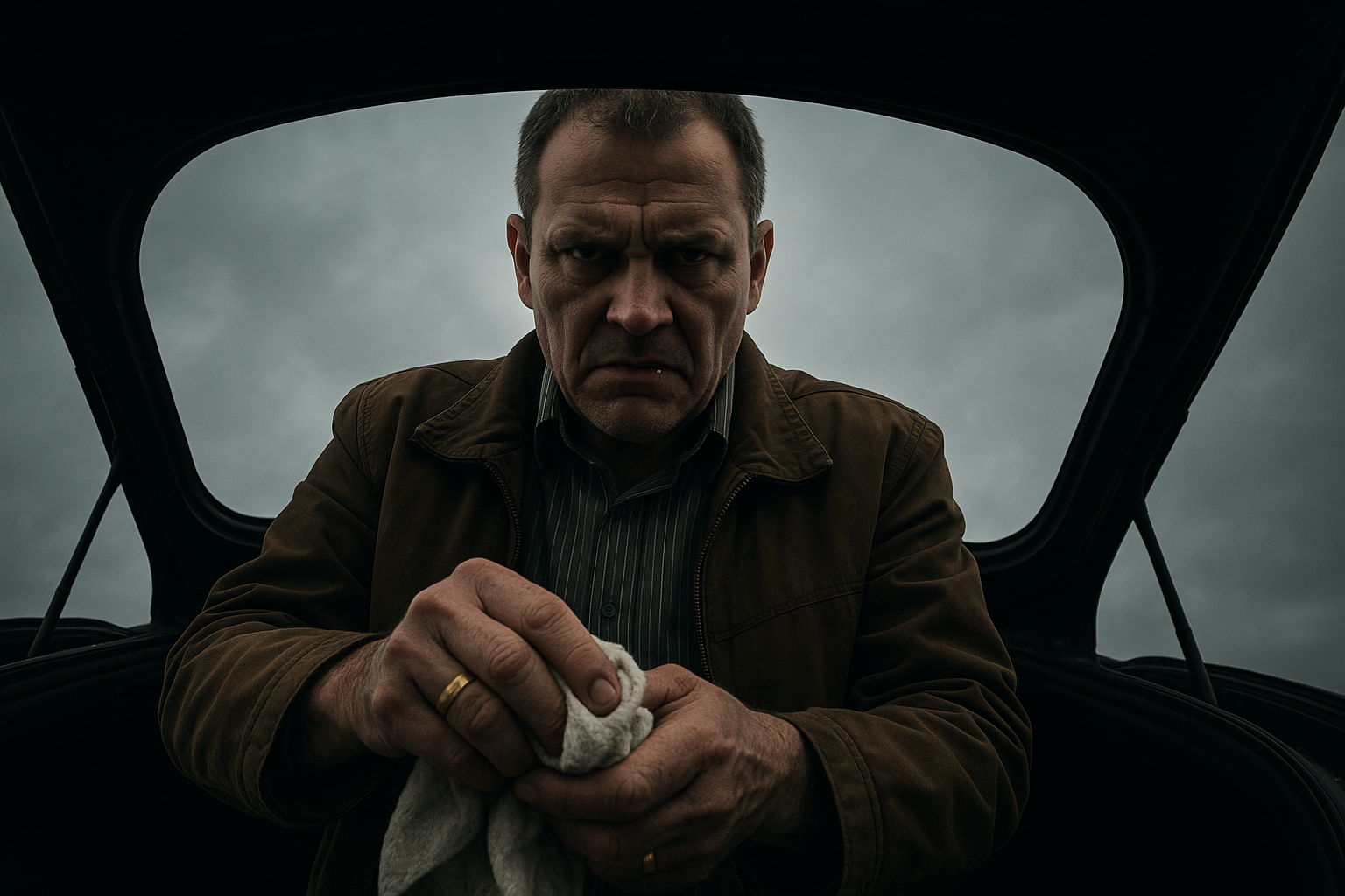 A dramatic shot from inside a car trunk, looking up at a 50-year-old man in a brown jacket and striped shirt. He has a gold ring and a gold tooth, and his face is cold and displeased. He is wiping his hands with a cloth. The trunk lid is open, and the background shows a grey sky. The lighting is harsh, emphasizing his features. The mood is threatening and ominous.