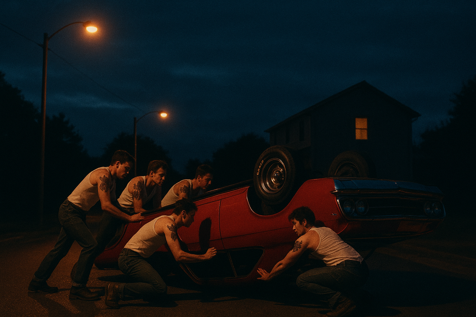 Cinematic evening scene, dark blue sky, orange street lamps casting warm pools of light on a quiet suburban road, a group of young European men in white tank tops and jeans with eagle tattoos surrounding a bright red 1967 Chevrolet Impala, flipping it onto its roof, a two-story house behind them with a single window lighting up, moody thriller atmosphere, deep shadows, high contrast, film grain