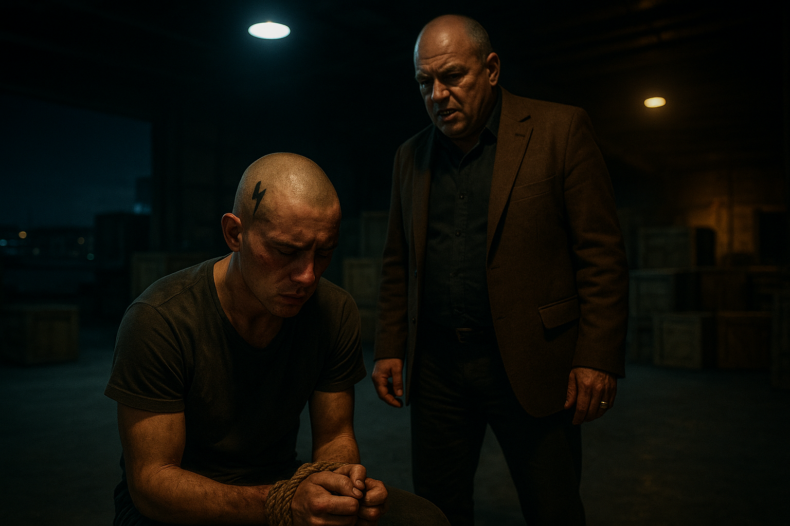 Dimly lit warehouse near the docks at night, concrete floor, stacked wooden crates, a young bald man with two lightning bolt tattoos on his head kneeling on the ground, hands bound, bruised and exhausted, a middle-aged man in a brown blazer with a gold ring and gold tooth standing over him, harsh overhead light, cold blue and amber tones, tense cinematic thriller composition, shallow depth of field