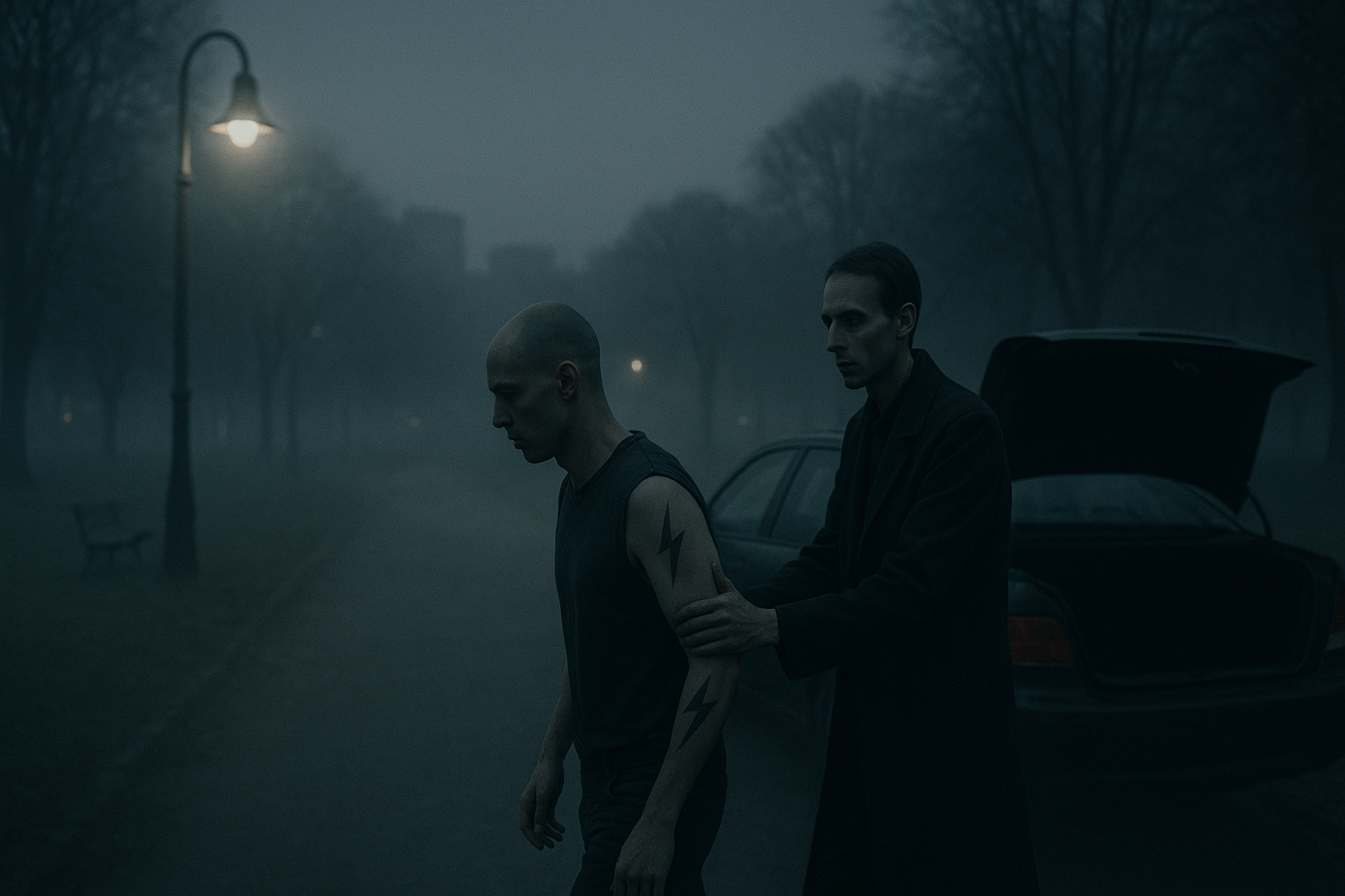 Early morning city park, broken streetlight flickering, a bald young man with lightning bolt tattoos being led toward a black car by a thin man with dead eyes, the trunk open and waiting, mist on the ground, pale grey and blue tones, melancholic and ominous mood, cinematic wide shot, film noir influence, soft diffused light