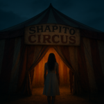 A young woman with long dark hair and a white sundress stands at the entrance of a vintage circus tent at dusk. The tent is striped red and white, slightly weathered, with a hand-painted sign reading 'Shapito Circus'. Warm golden light spills from inside, contrasting with the cool blue evening sky. The atmosphere is mysterious and inviting, with a hint of unease. Cinematic, realistic, moody lighting.