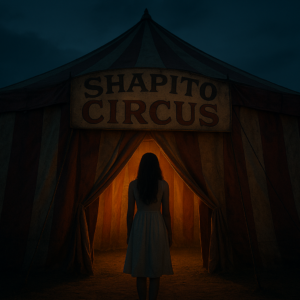 A young woman with long dark hair and a white sundress stands at the entrance of a vintage circus tent at dusk. The tent is striped red and white, slightly weathered, with a hand-painted sign reading 'Shapito Circus'. Warm golden light spills from inside, contrasting with the cool blue evening sky. The atmosphere is mysterious and inviting, with a hint of unease. Cinematic, realistic, moody lighting.