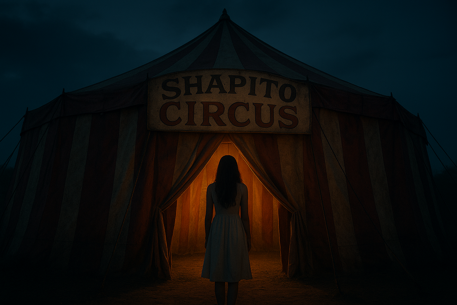 A young woman with long dark hair and a white sundress stands at the entrance of a vintage circus tent at dusk. The tent is striped red and white, slightly weathered, with a hand-painted sign reading 'Shapito Circus'. Warm golden light spills from inside, contrasting with the cool blue evening sky. The atmosphere is mysterious and inviting, with a hint of unease. Cinematic, realistic, moody lighting.