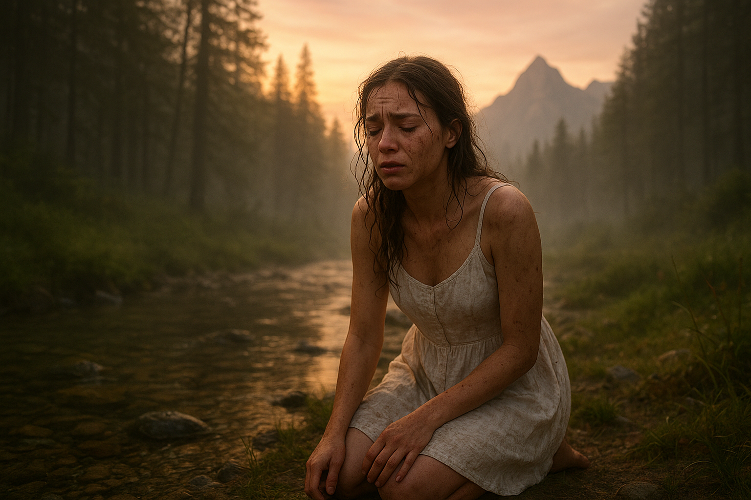 A young woman in a white sundress kneels by a clear mountain stream at dawn, her face streaked with tears and dirt. The forest around her is misty, with golden sunlight filtering through the trees. In the distance, the peaks of mountains rise against a pink and orange sky. The scene is both serene and sorrowful, capturing a moment of survival and loss. Cinematic, realistic, soft morning light.