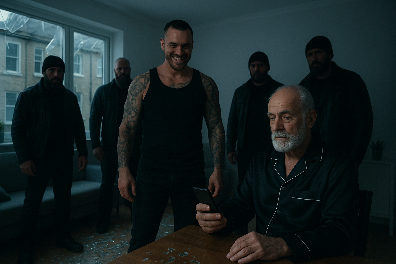 A spacious living room with white walls, shattered window glass scattered on the floor. A tattooed man in a black tank top stands with a gloating smile, surrounded by biker-type men in black clothing. In the foreground, an older man with a white beard in a black silk pajama suit sits calmly at a table, holding a smartphone. Tension and contrast between chaos and calm, dim indoor lighting with cool tones.