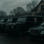A line of black Mercedes-Benz G-Wagens and Bentleys parked on an asphalt driveway under a gray, overcast sky. Men in dark suits stand beside the vehicles, their postures rigid and expectant. The house with a broken window is visible in the background. The mood is tense and foreboding, with cool, muted colors and a sense of impending confrontation.