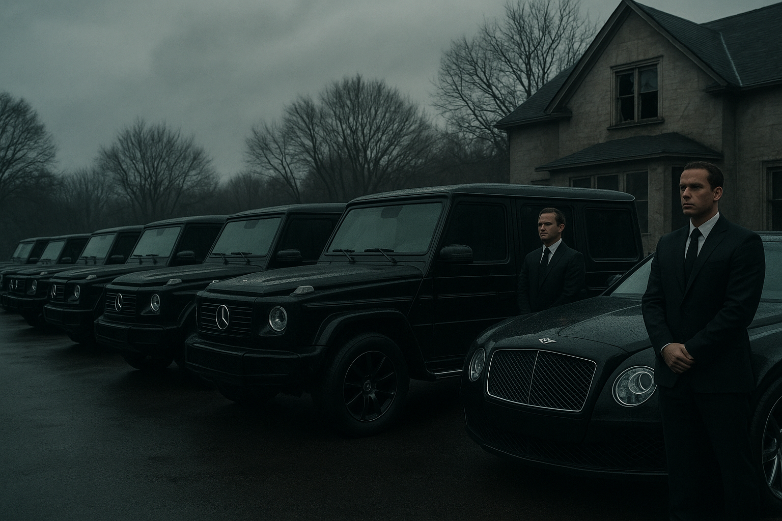 A line of black Mercedes-Benz G-Wagens and Bentleys parked on an asphalt driveway under a gray, overcast sky. Men in dark suits stand beside the vehicles, their postures rigid and expectant. The house with a broken window is visible in the background. The mood is tense and foreboding, with cool, muted colors and a sense of impending confrontation.