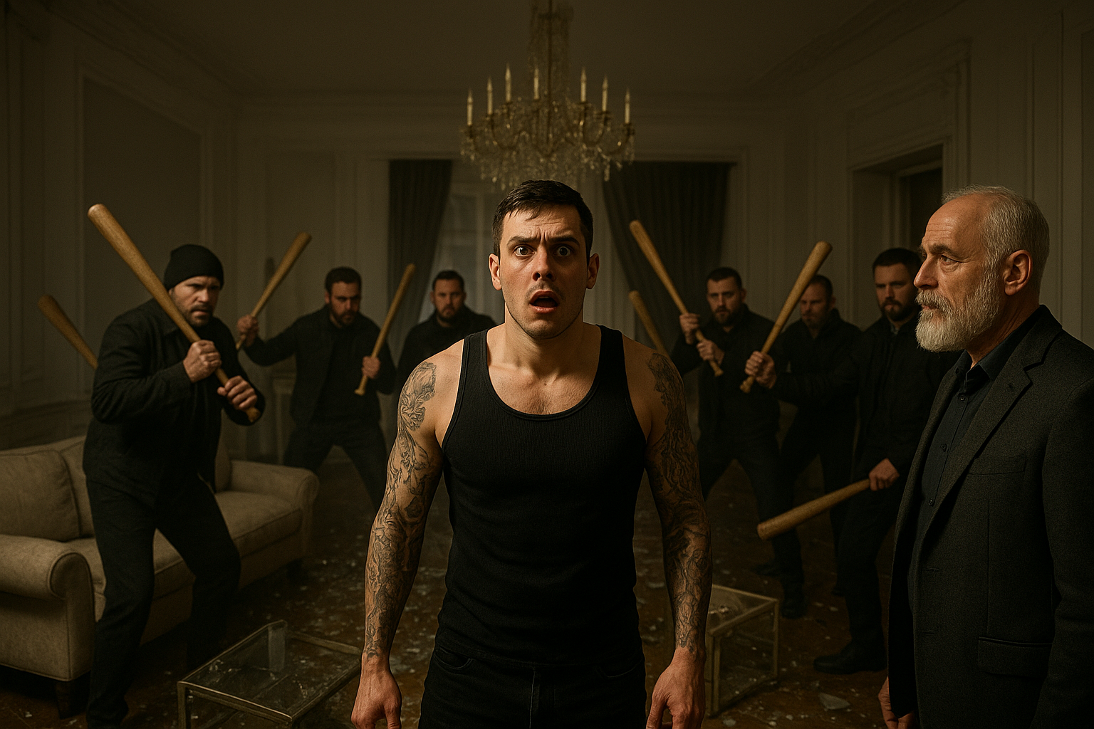 The interior of a luxurious living room with white walls, now crowded with men holding baseball bats. A tattooed man in a black tank top stands isolated in the center, his face showing shock and disbelief. The older man with a white beard watches from the side, his expression calm and unreadable. Shattered glass and overturned furniture add to the chaos. Lighting is dramatic, with shadows emphasizing the tension.