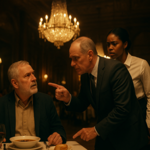 Cinematic wide shot of a luxurious restaurant with soaring ceilings, ornate crystal chandeliers and dark wood panelling. An elderly European man, 70, grey beard and short grey hair, in a blue jacket and beige shirt, sits alone at a table with soup, bread and a glass of red wine, looking up in confusion. A stern manager in a dark grey suit leans over the table pointing a finger, while a young African American waitress in a white shirt and black skirt stands behind him, her face tense with worry. Warm golden lighting, shallow depth of field, realistic film still, muted amber and deep brown palette.