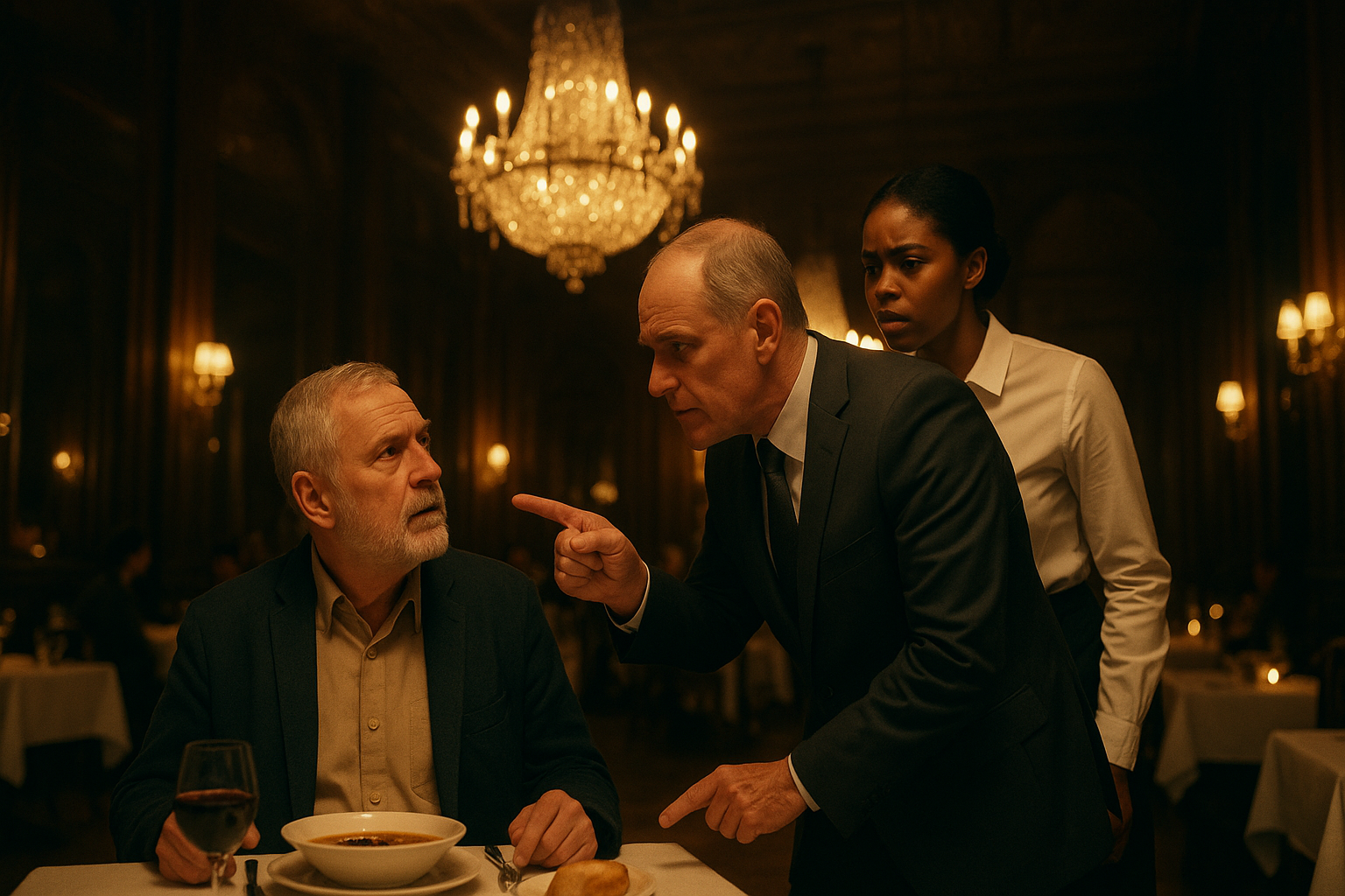 Cinematic wide shot of a luxurious restaurant with soaring ceilings, ornate crystal chandeliers and dark wood panelling. An elderly European man, 70, grey beard and short grey hair, in a blue jacket and beige shirt, sits alone at a table with soup, bread and a glass of red wine, looking up in confusion. A stern manager in a dark grey suit leans over the table pointing a finger, while a young African American waitress in a white shirt and black skirt stands behind him, her face tense with worry. Warm golden lighting, shallow depth of field, realistic film still, muted amber and deep brown palette.