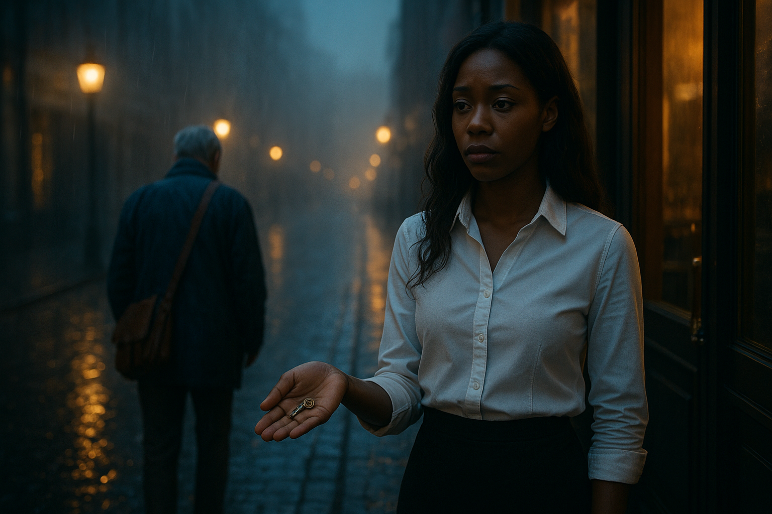 Cinematic medium shot on a rainy city street at night. An elderly European man with a grey beard and blue jacket walks away into the fog, shoulders slightly hunched, a brown leather satchel across his chest. In the foreground, a young African American waitress with long chestnut hair, white button-up shirt and black skirt stands outside the restaurant door, holding a small brass key in her open palm, her expression a mix of sadness and quiet resolve. Wet cobblestones reflect amber streetlamps, shallow depth of field, moody blue and gold tones, realistic film still.