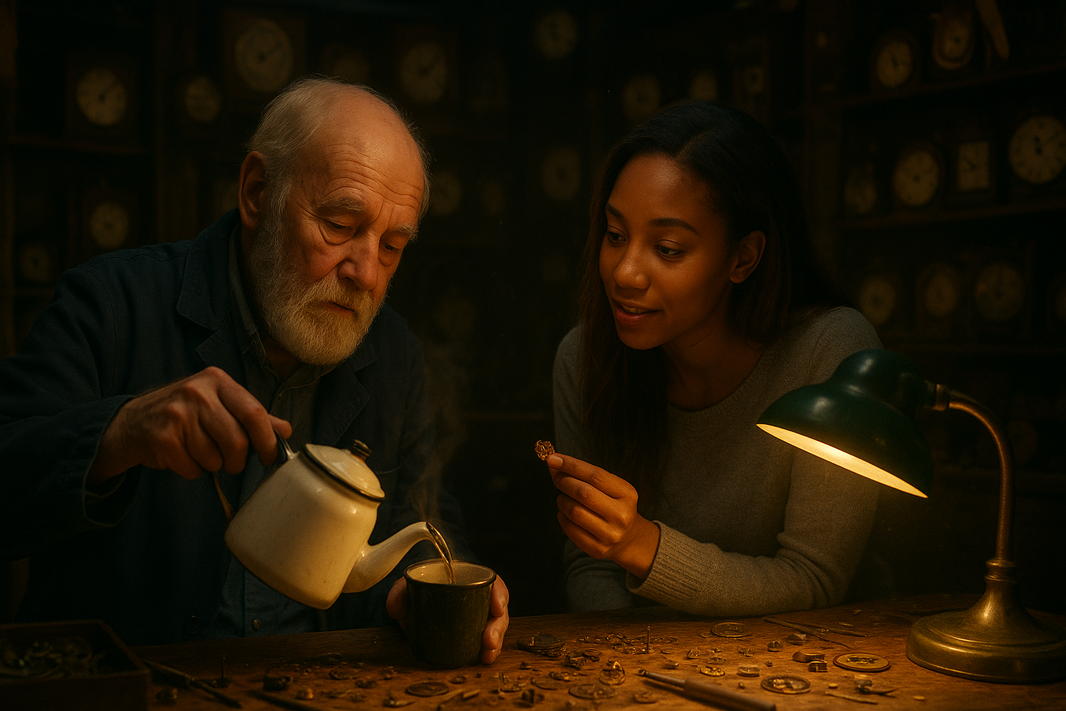 Cinematic interior shot of a small, cluttered clockmaker's shop at dusk. An elderly European man with a white beard and blue jacket sits at a wooden workbench covered with tiny gears, tools and a jeweller's loupe, pouring tea from an enamel pot. Beside him, a young African American woman with long chestnut hair, now wearing a simple grey sweater, leans in with curiosity, holding a small brass gear in her fingers. Warm tungsten light from a green banker's lamp, shelves of ticking clocks in soft focus behind them, dust motes in the air, realistic film still, intimate and hopeful mood.