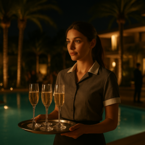 A nighttime scene at a luxurious pool party. Palm trees and modern architecture are illuminated by soft lighting. A 28-year-old European waitress with brown hair tied in a ponytail, wearing a gray short-sleeved shirt with a white collar and cuffs and a black skirt, carries a silver tray with four champagne glasses. Cinematic, realistic, soft golden lighting, luxurious atmosphere, detailed composition, medium shot.
