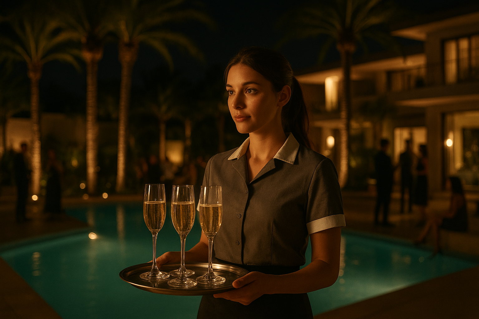 A nighttime scene at a luxurious pool party. Palm trees and modern architecture are illuminated by soft lighting. A 28-year-old European waitress with brown hair tied in a ponytail, wearing a gray short-sleeved shirt with a white collar and cuffs and a black skirt, carries a silver tray with four champagne glasses. Cinematic, realistic, soft golden lighting, luxurious atmosphere, detailed composition, medium shot.