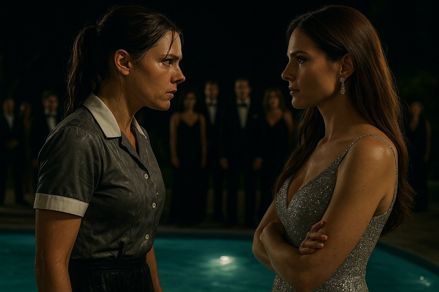 The waitress stands at the edge of the pool, her gray short-sleeved shirt with a white collar and cuffs soaked through, her black skirt wet, brown hair tied in a ponytail, her gaze filled with determination. A 38-year-old European woman with long brown hair, wearing a sparkling silver dress and diamond earrings, stands in front of her with her arms crossed. Close-up of their faces as they stare at each other. In the background, other formally dressed party guests watch. Cinematic, realistic, dramatic lighting, nighttime poolside scene.