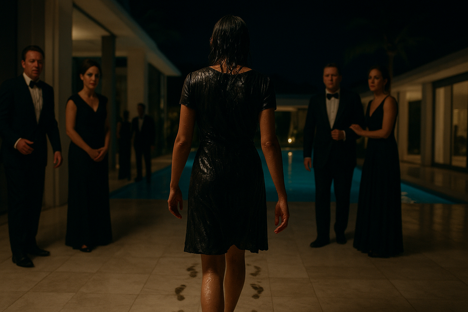Anna, soaking wet, walks across the marble floor of the villa, leaving wet footprints behind her. Formally dressed guests move aside as she passes. In the background, the pool and night sky, palm trees, and modern architecture. Cinematic, realistic, dramatic moment, contrast between the elegance of the guests and the waitress's determination, soft lighting, close-up from behind Anna.