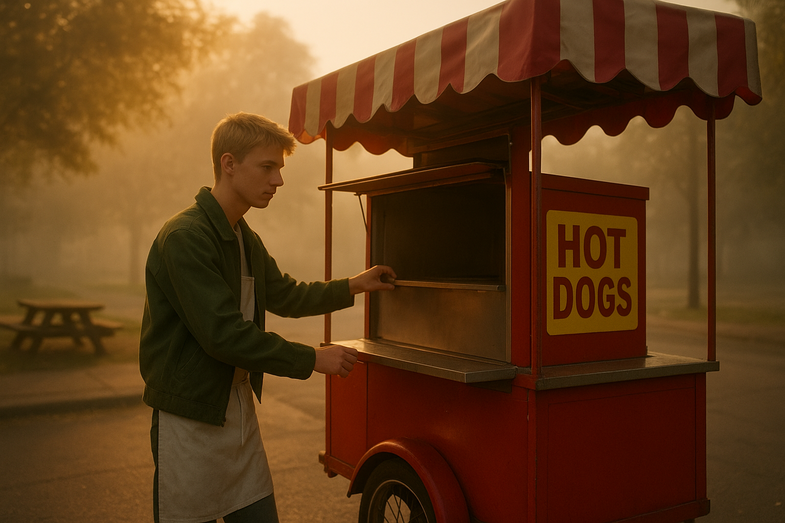 A young man around eighteen with short blond hair and a lean build stands beside a small red hot dog cart on a quiet street corner at early morning. He wears a simple green jacket and a white apron, opening the cart's serving window with a determined expression. Soft golden morning light, misty street, wooden table in background, hopeful and nostalgic mood, cinematic wide shot.