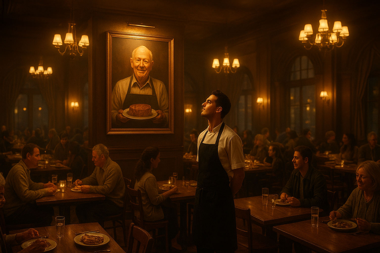 A wide cinematic shot of a large elegant restaurant dining room with warm lighting, beautiful wooden tables, and a golden plaque on the wall depicting an elderly man holding a plate of steak. People from all walks of life — wealthy and poor, young and old — are enjoying free meals. A young chef in a black apron looks up at the plaque with pride. Warm golden tones, hopeful and emotional atmosphere, sweeping camera composition.