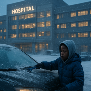 A cinematic wide shot of a snowy hospital parking lot at dawn, a small ten-year-old Black boy in a blue puffer jacket and gray hoodie scraping ice from a black SUV's windshield, his breath visible in the freezing air, snow falling heavily, the modern hospital building looming in the background, cold blue tones with warm golden light from the hospital windows, mood of quiet determination