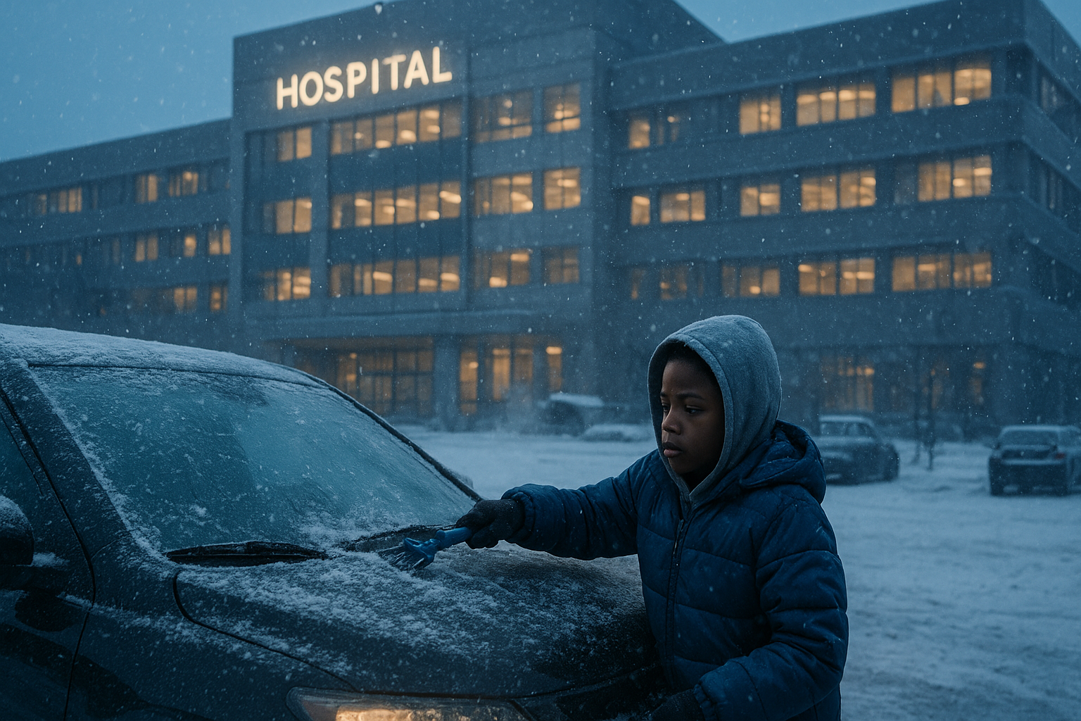 A cinematic wide shot of a snowy hospital parking lot at dawn, a small ten-year-old Black boy in a blue puffer jacket and gray hoodie scraping ice from a black SUV's windshield, his breath visible in the freezing air, snow falling heavily, the modern hospital building looming in the background, cold blue tones with warm golden light from the hospital windows, mood of quiet determination