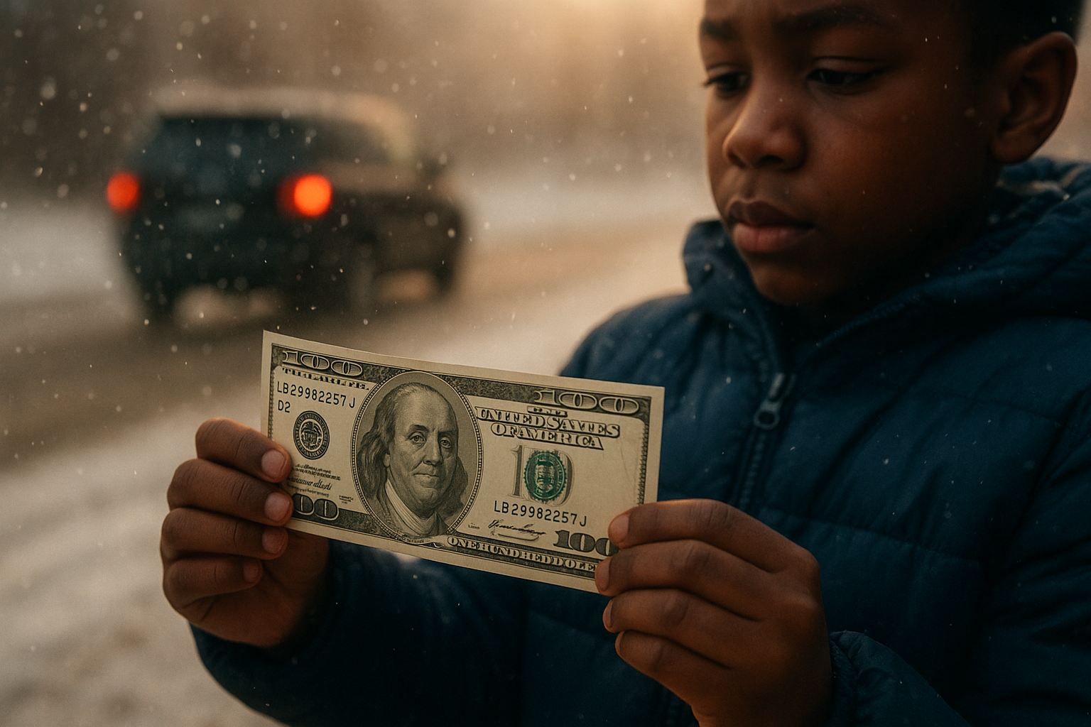 A close-up cinematic shot of a ten-year-old Black boy's hands holding a crisp hundred-dollar bill, snowflakes falling around him, his blue puffer jacket visible, the black SUV driving away in the blurred background, warm golden light reflecting off the snow, emotional and hopeful mood, shallow depth of field