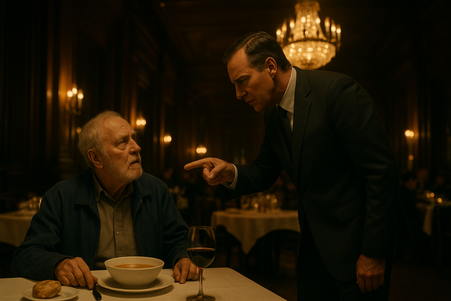 Cinematic wide shot inside a luxurious high-ceilinged restaurant with ornate chandeliers and dark wood panels. An elderly European man, 70, grey beard, blue jacket, sits alone at a table with soup, bread and red wine, looking up in confusion. A stern manager in a dark grey suit leans over him, pointing a finger. Warm golden lighting, tense atmosphere, shallow depth of field, realistic film still, muted amber and deep brown palette.