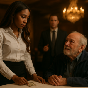 Intimate cinematic medium shot: a young African American waitress, 25, long chestnut hair, white button-down shirt and black skirt, stands protectively beside a table, having just placed cash on the white tablecloth. In front of her, an elderly man with a grey beard and blue jacket looks up at her with teary gratitude. Behind them, a manager in a dark grey suit stands frozen, finger lowered. Warm chandelier light, emotional restrained mood, realistic, soft golden tones.