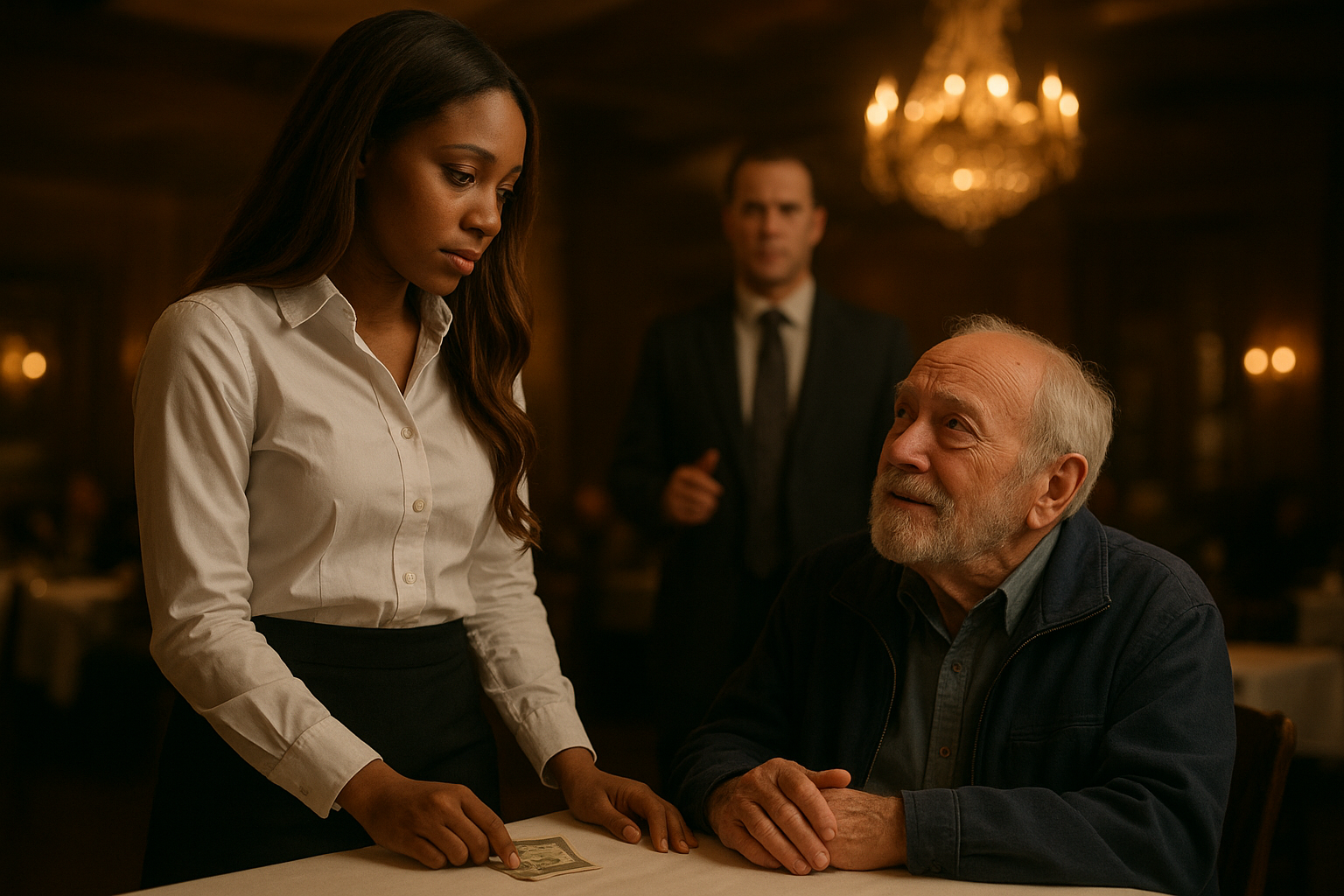 Intimate cinematic medium shot: a young African American waitress, 25, long chestnut hair, white button-down shirt and black skirt, stands protectively beside a table, having just placed cash on the white tablecloth. In front of her, an elderly man with a grey beard and blue jacket looks up at her with teary gratitude. Behind them, a manager in a dark grey suit stands frozen, finger lowered. Warm chandelier light, emotional restrained mood, realistic, soft golden tones.