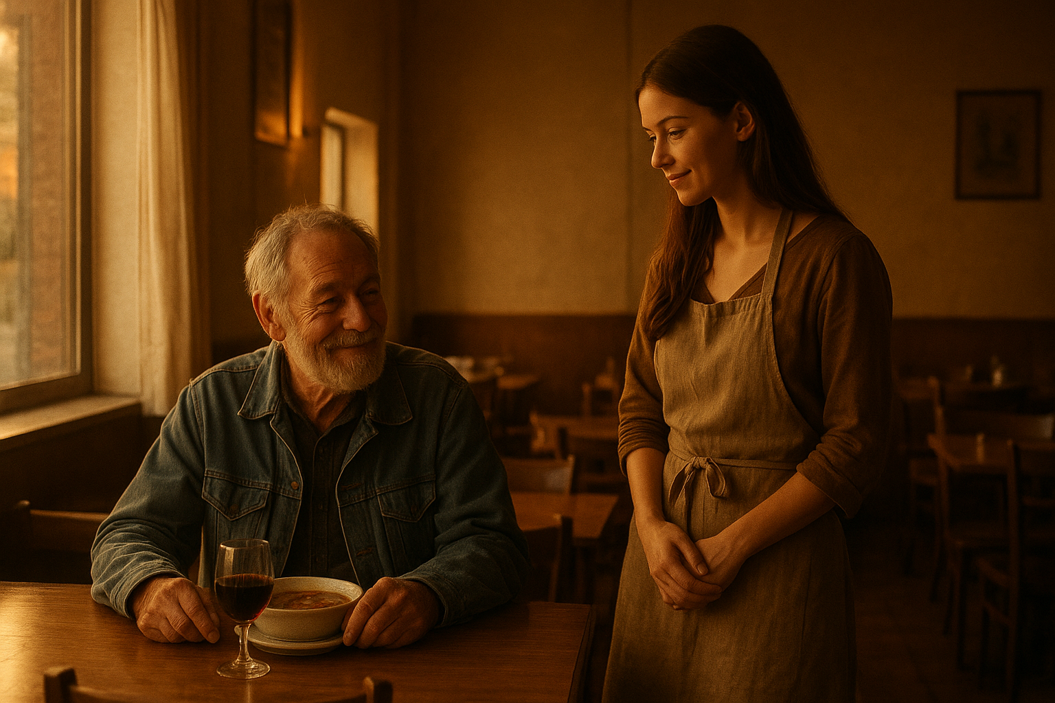 Warm cinematic closing shot: a cozy small restaurant with twelve tables and soft evening light through a window. An elderly man with a grey beard and faded blue jacket sits at a corner table with a bowl of soup and a glass of red wine, smiling gently. A young woman with long chestnut hair, now the owner, stands nearby in a simple apron, watching him with quiet fondness. Golden hour glow, nostalgic hopeful mood, realistic film still, warm amber and cream palette.