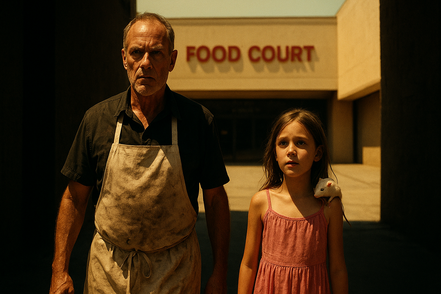Cinematic shot of an older man in a stained black shirt and white apron walking beside a small, dirty girl in a pink sundress with a white rat on her shoulder. They emerge from a dim alley into bright sunlight, the food court building looming behind them. The man looks determined, the girl looks hopeful but wary. Thriller atmosphere, warm sunlight contrasting with long shadows, 35mm film grain, wide shot.