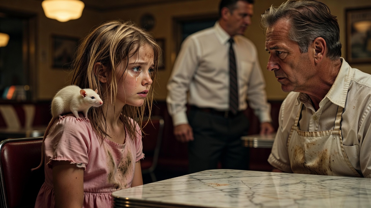 Cinematic close-up of a twelve-year-old girl with dirty, tangled golden hair and tear-streaked cheeks, wearing a filthy pink sundress, a white rat perched on her shoulder. She sits at a marble diner table, eyes locked on an older man in a stained apron, her expression a mix of sadness and determination. In the background, a manager in a white shirt and dark tie turns to leave, angry. The lighting is warm but tense, thriller-style, shallow depth of field, 50mm lens.