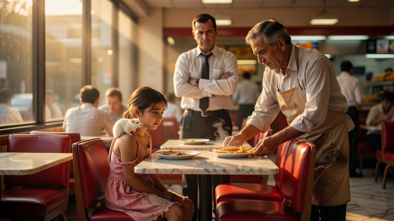 Cinematic wide shot of a bustling food court diner at midday, golden sunlight streaming through tall windows onto marble tables and red vinyl seats. A small, tear-streaked girl in a dirty pink sundress sits at a corner table with a white rat on her shoulder, an older man in a stained apron places a plate of food before her, while a stern manager in a white shirt and dark tie stands behind them with crossed arms. Warm, hopeful lighting contrasts with the manager's cold expression. Photorealistic, shallow depth of field, 35mm film look.
