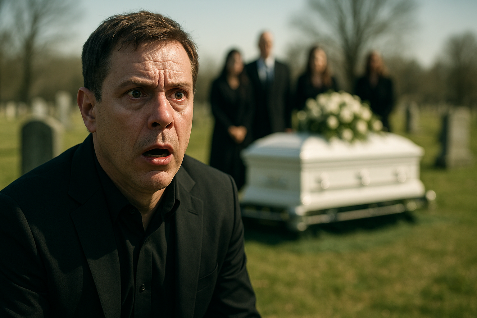 A close-up cinematic shot of a grieving man in his mid-forties with short brown hair, wearing a black shirt and black suit, sitting on a folding chair at a cemetery. His face shows a mixture of anger and shock, eyes wide, mouth slightly open. In the blurred background, mourners in black stand near a white coffin and headstones. Bright daylight, shallow depth of field, emotional intensity, realistic photographic style, muted colors with sharp contrast on his face.