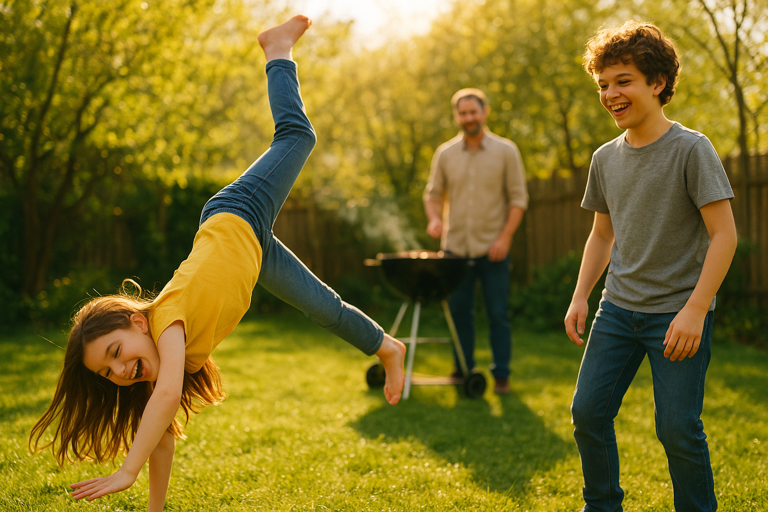 A warm, sunlit backyard scene in spring. A girl of about nine with long chestnut hair, wearing a yellow T-shirt and jeans, is mid-cartwheel on green grass, her face bright with laughter. A boy of eleven with curly chestnut hair, in a casual T-shirt, watches and laughs nearby. In the background, a man in a simple shirt stands by a barbecue grill, smiling gently. Soft golden afternoon light, vibrant greens and yellows, joyful and peaceful mood, realistic photographic style, shallow depth of field.