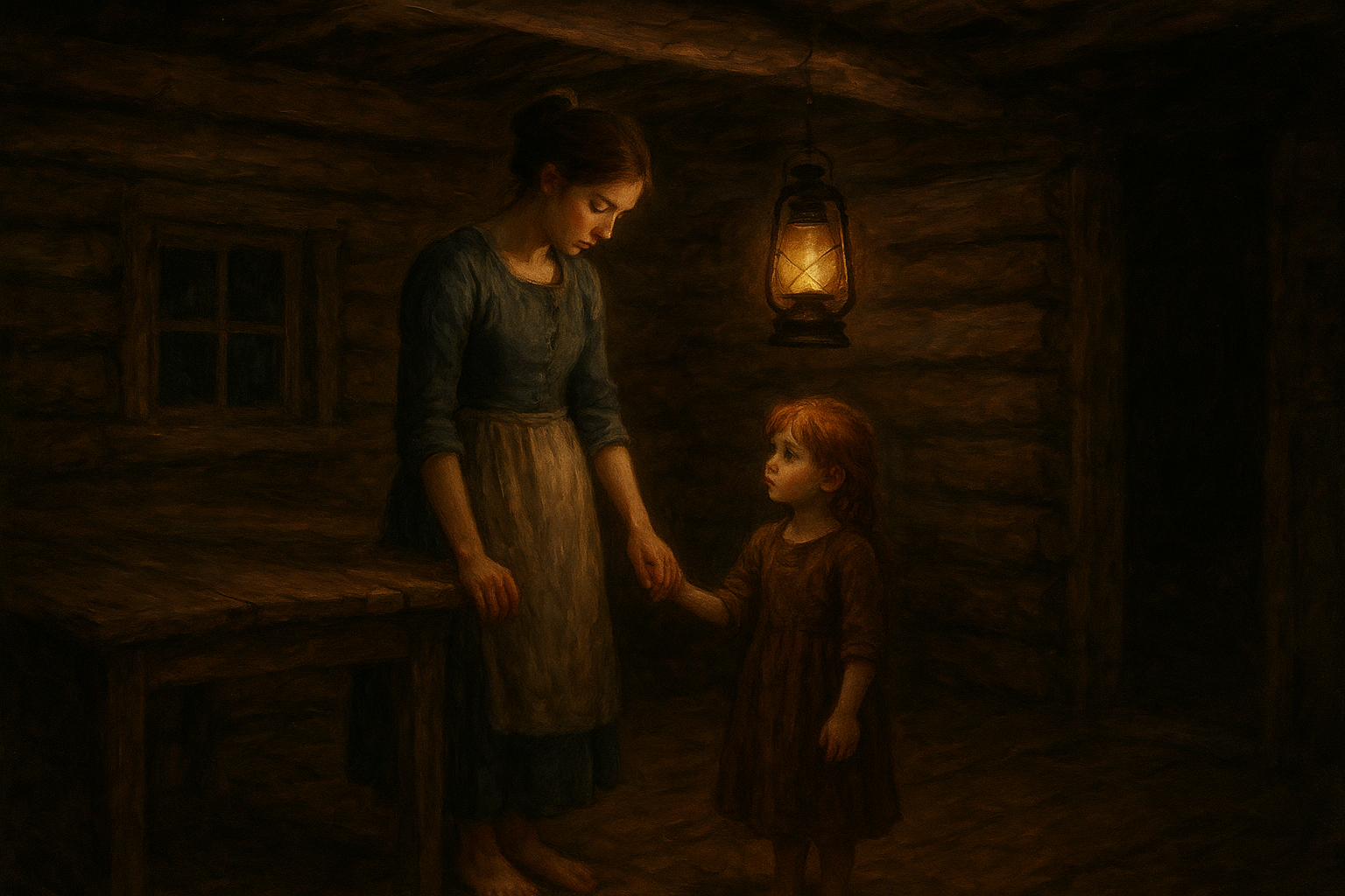 A dimly lit log cabin interior at night, a young woman with long chestnut hair in a bun wearing a blue dress and beige apron stands barefoot beside a rough wooden table, holding the hand of a small red-haired girl in a simple brown dress, a kerosene lantern hangs overhead casting warm amber light and deep shadows, painterly historical style, mood of quiet exhaustion and tenderness, muted earth tones with pools of golden light