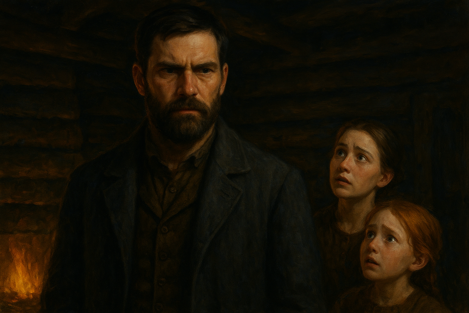 Close-up of a tall bearded man with short chestnut hair, wearing a dark grey coat over a brown shirt and vest, standing in a dim log cabin, his expression stern and unreadable, firelight flickering across his features, behind him a young woman with chestnut hair in a bun and a small red-haired girl in a brown dress look up at him with fear and desperate hope, cinematic lighting, deep shadows, warm amber and cool blue contrast, painterly historical realism