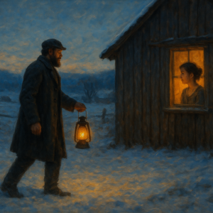A snowy farmyard at dawn, a tall bearded man in a dark grey coat carries a lantern toward a weathered wooden barn while soft blue morning light spreads across the fields, inside the cabin window a young woman with chestnut hair in a bun watches him go, her expression thoughtful and moved, warm golden light spilling from the window onto the snow, painterly historical style, mood of quiet hope and new beginnings, palette of deep blues, warm ambers, and soft whites