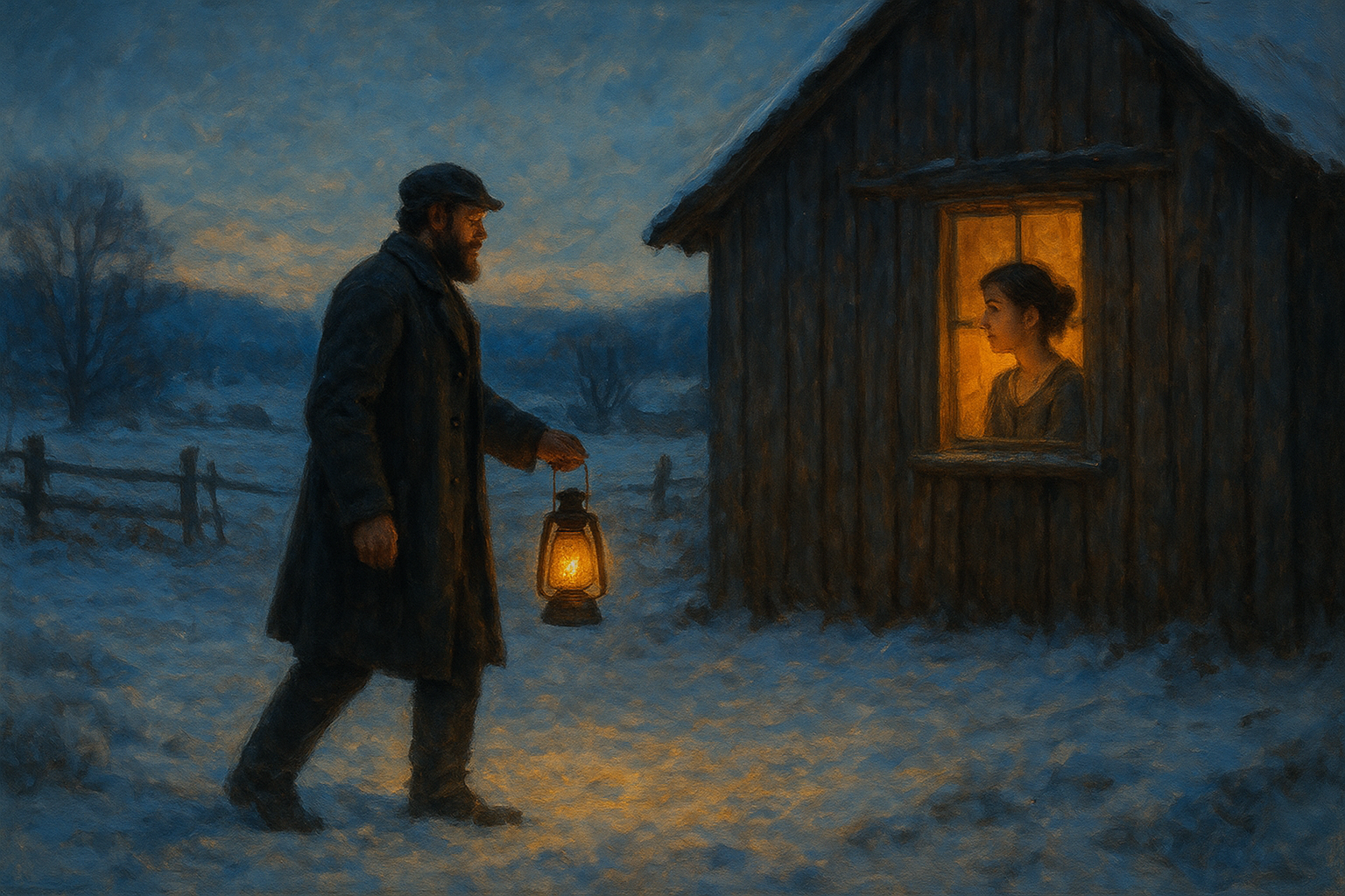 A snowy farmyard at dawn, a tall bearded man in a dark grey coat carries a lantern toward a weathered wooden barn while soft blue morning light spreads across the fields, inside the cabin window a young woman with chestnut hair in a bun watches him go, her expression thoughtful and moved, warm golden light spilling from the window onto the snow, painterly historical style, mood of quiet hope and new beginnings, palette of deep blues, warm ambers, and soft whites