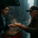 Cinematic shot of a rainy city street with towering skyscrapers, cold and wet. Emma, a 20-year-old European woman with chestnut hair in a ponytail, wears a light blue waitress uniform with a white apron under a black leather jacket, black leggings, and white sneakers. She stands behind a red hot dog cart with steam rising under a green fabric awning. Close-up on her hands passing a hot dog over the cart to the hands of Walter, a 70-year-old European man with gray hair, in a brown cap with a yellow logo, brown jacket, and plaid shirt. The background is blurred, focus on the exchange. Mood is cold yet warm, lighting is dim with rain reflections.