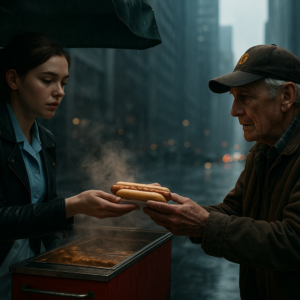 Cinematic shot of a rainy city street with towering skyscrapers, cold and wet. Emma, a 20-year-old European woman with chestnut hair in a ponytail, wears a light blue waitress uniform with a white apron under a black leather jacket, black leggings, and white sneakers. She stands behind a red hot dog cart with steam rising under a green fabric awning. Close-up on her hands passing a hot dog over the cart to the hands of Walter, a 70-year-old European man with gray hair, in a brown cap with a yellow logo, brown jacket, and plaid shirt. The background is blurred, focus on the exchange. Mood is cold yet warm, lighting is dim with rain reflections.