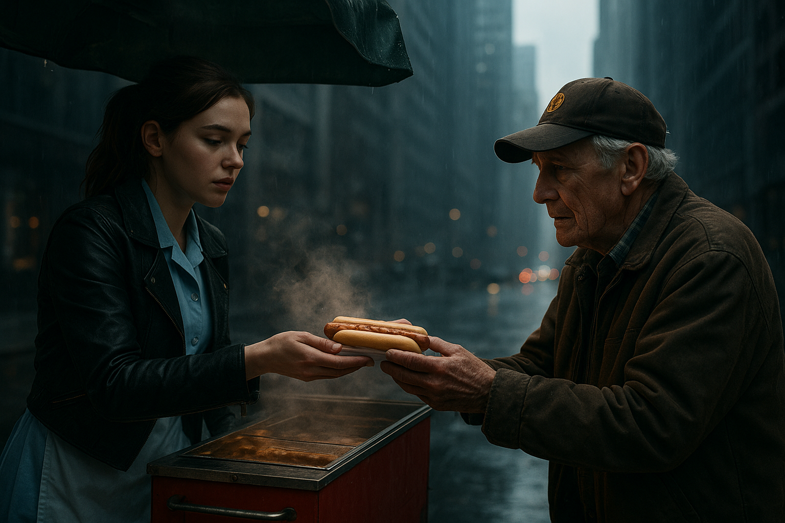Cinematic shot of a rainy city street with towering skyscrapers, cold and wet. Emma, a 20-year-old European woman with chestnut hair in a ponytail, wears a light blue waitress uniform with a white apron under a black leather jacket, black leggings, and white sneakers. She stands behind a red hot dog cart with steam rising under a green fabric awning. Close-up on her hands passing a hot dog over the cart to the hands of Walter, a 70-year-old European man with gray hair, in a brown cap with a yellow logo, brown jacket, and plaid shirt. The background is blurred, focus on the exchange. Mood is cold yet warm, lighting is dim with rain reflections.