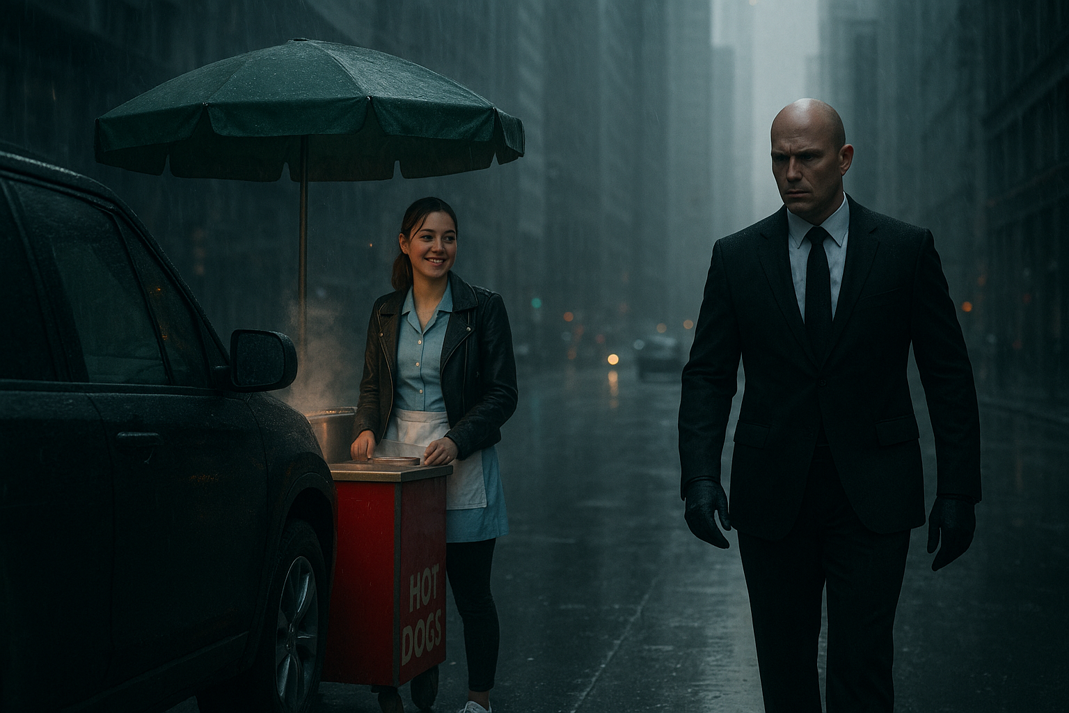Cinematic scene on a rainy city street with skyscrapers. Emma, a 20-year-old European woman with chestnut hair in a ponytail, light blue waitress uniform with white apron, black leather jacket, black leggings, and white sneakers, stands behind a red hot dog cart with steam rising under a green fabric awning. She smiles warmly. In the foreground, blurred from behind, a black SUV parks at the curb. A 45-year-old European man, bald and clean-shaven, in a black suit, white shirt, black tie, and black gloves, steps out with a stern face. Focus on the contrast between Emma's warmth and the man's cold demeanor. Lighting is moody, with rain and reflections.