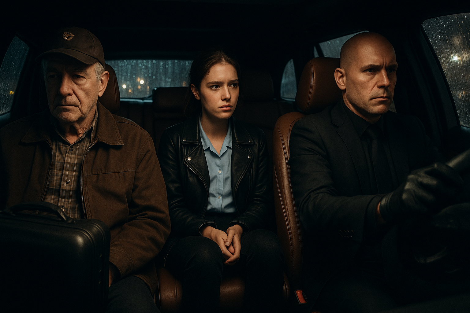 Cinematic close-up inside a luxury SUV with leather interior. Walter, a 70-year-old European man with gray hair, in a brown cap with yellow logo, brown jacket, and plaid shirt, sits silently with a serious face. Beside him is a black suitcase. Emma, a 20-year-old European woman with chestnut hair in a ponytail, light blue waitress uniform, black leather jacket, black leggings, and white sneakers, sits next to him, her expression a mix of confusion and resolve. The bald man in black suit and gloves drives, his face reflected in the rearview mirror. Rain streaks down the windows, city lights blurring outside. Mood is tense, mysterious, with low-key lighting and shadows.