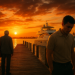 A dramatic sunset over a marina, wooden pier stretching into calm water, a large white yacht gleaming under orange and gold sky, palm trees silhouetted in the background, an elderly man in a gray jacket and brown leather bag standing alone, a young man in a beige polo walking away with his head down, cinematic lighting, warm tones, emotional atmosphere, wide shot