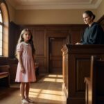 A young girl with long wavy light-brown hair, barefoot, wearing a pale pink dress with a white collar, stands facing a stern female judge in a black robe inside a wood-paneled courtroom. The girl's face is tear-streaked but determined. Behind the judge, an American flag hangs softly lit. Warm afternoon light filters through tall windows, casting long shadows across the wooden benches. The atmosphere is tense yet hopeful, with muted browns, golds, and the soft pink of the girl's dress dominating the composition. Camera angle is slightly low, emphasizing the child's courage.