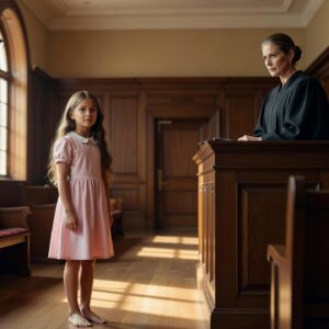 A young girl with long wavy light-brown hair, barefoot, wearing a pale pink dress with a white collar, stands facing a stern female judge in a black robe inside a wood-paneled courtroom. The girl's face is tear-streaked but determined. Behind the judge, an American flag hangs softly lit. Warm afternoon light filters through tall windows, casting long shadows across the wooden benches. The atmosphere is tense yet hopeful, with muted browns, golds, and the soft pink of the girl's dress dominating the composition. Camera angle is slightly low, emphasizing the child's courage.