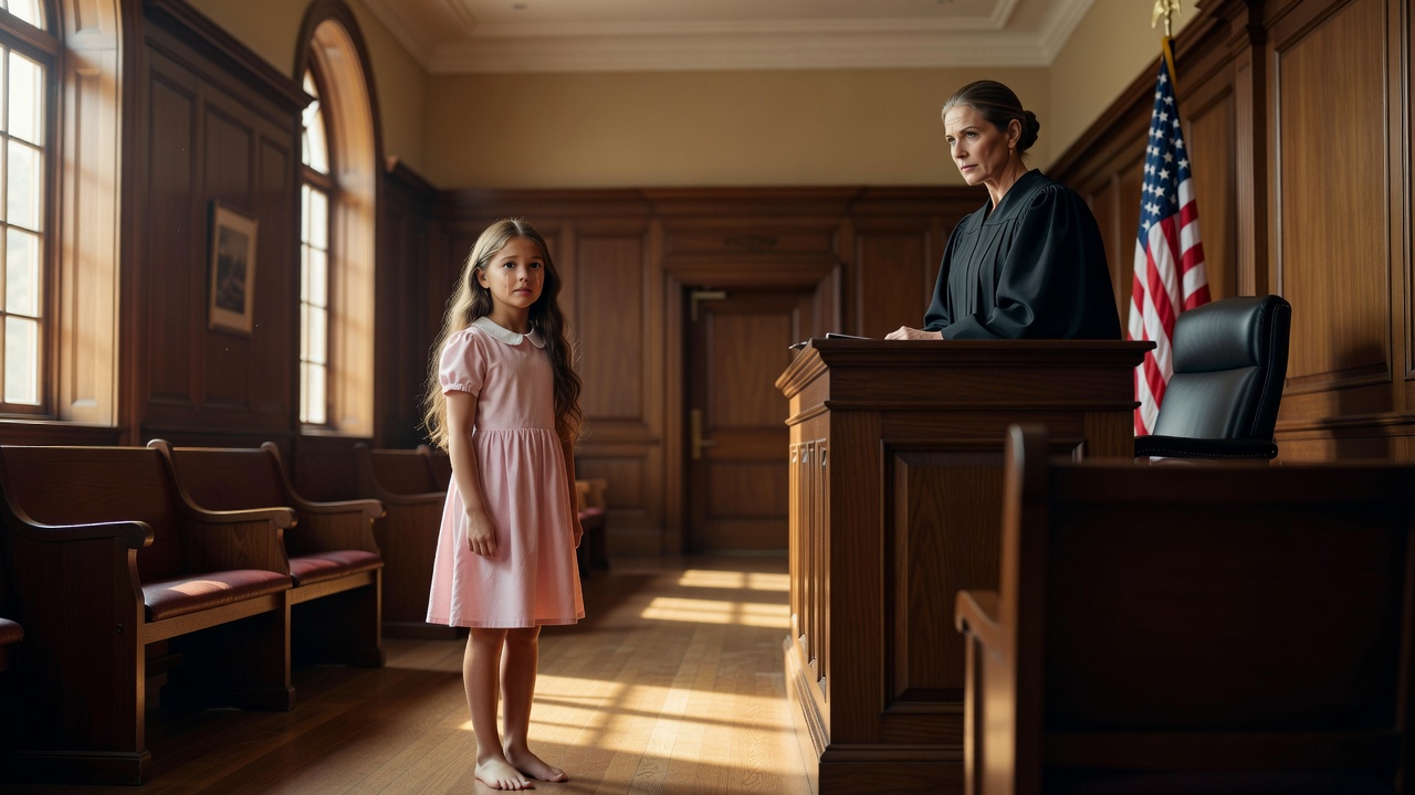 A young girl with long wavy light-brown hair, barefoot, wearing a pale pink dress with a white collar, stands facing a stern female judge in a black robe inside a wood-paneled courtroom. The girl's face is tear-streaked but determined. Behind the judge, an American flag hangs softly lit. Warm afternoon light filters through tall windows, casting long shadows across the wooden benches. The atmosphere is tense yet hopeful, with muted browns, golds, and the soft pink of the girl's dress dominating the composition. Camera angle is slightly low, emphasizing the child's courage.